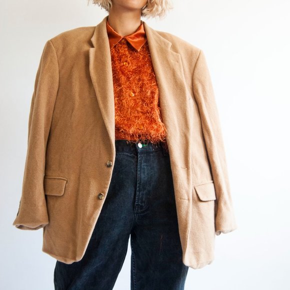 90s Mens Beige Camel Hair Blazer 46 XL Extra large / tan camel hair blazer / woo